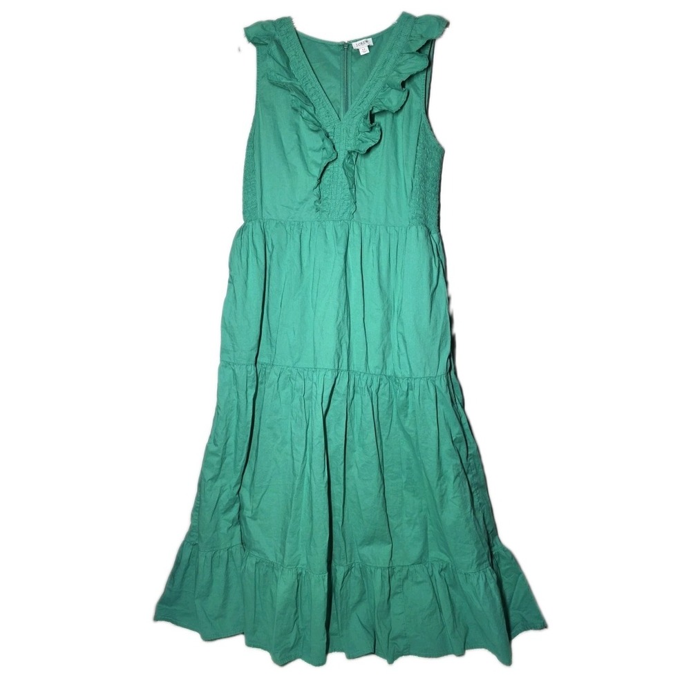 J. Crew  Womens Size 12 Midi Dress Tiered Sleeveless Ruffle V-Neck Cotton